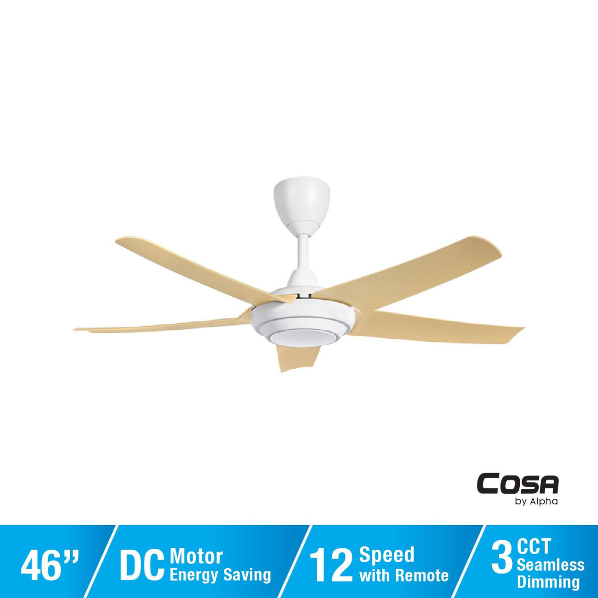 Alpha Cosa CX20 - 5B/46 LED MAPLE/MW Ceiling Fan 46" 5 Blades DC Motor LED Maple Matt White | TBM Online