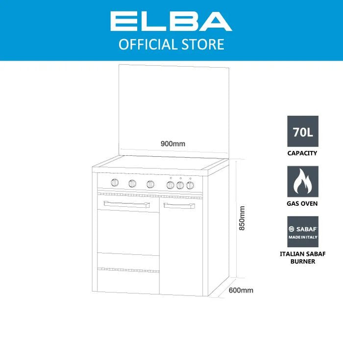 Elba EGC - C9704G(BK) Gas Cooker 4 Burners Gas - Oven G70L 220 - 240V Black | TBM Online