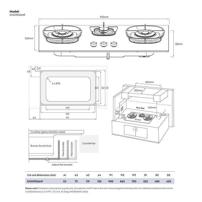 Electrolux EHG9356MF 90cm 600 Series Built-In Gas Hob With 3 Cooking Zones | TBM Online