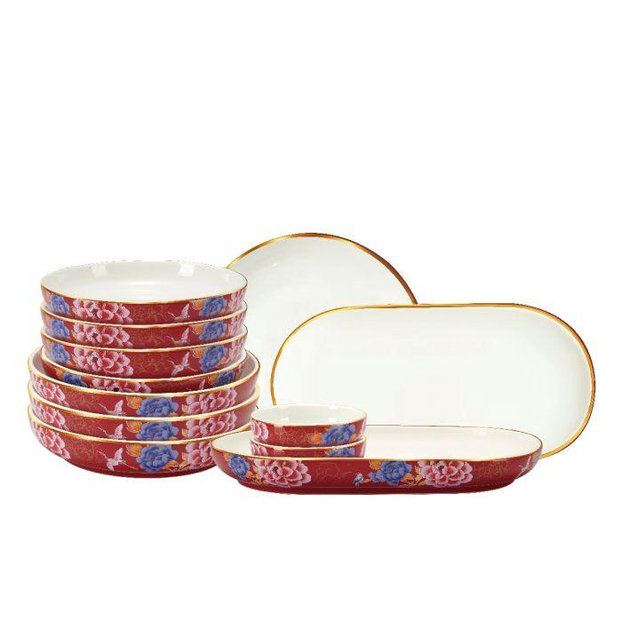 Color King 3636-12S-R Emperial Peony Plate Set With Golden Rim Red | TBM Online