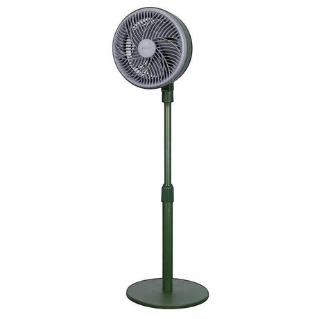 TBM Online green 10-inch 5-blade stand fan with adjustable height and oscillation for powerful cooling.