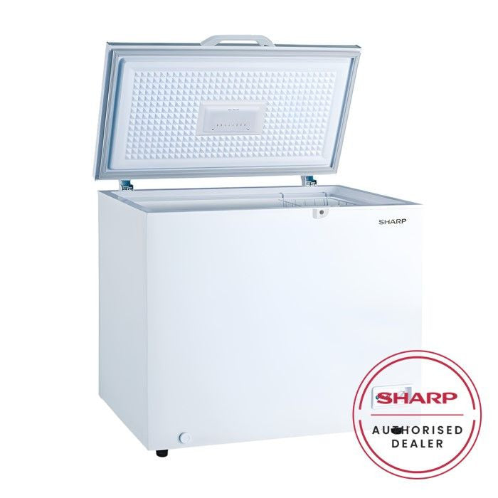 Sharp SJC318 Chest Freezer LED Light R600A Refrigerant Wheels Safety Lock With Key White Inner Wall Dual Cooling & Extra Cool G310L White Color