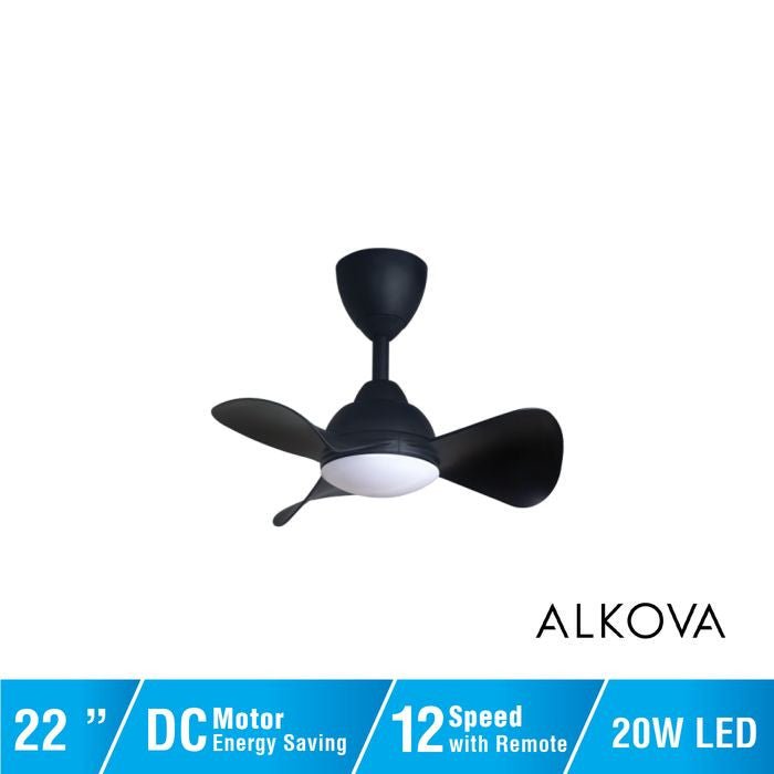 Alkova MILI 3B/22 LED MATT BLACK Ceiling Fan 3 Blades 22 Inch Motor DC LED Matt Black | TBM Online