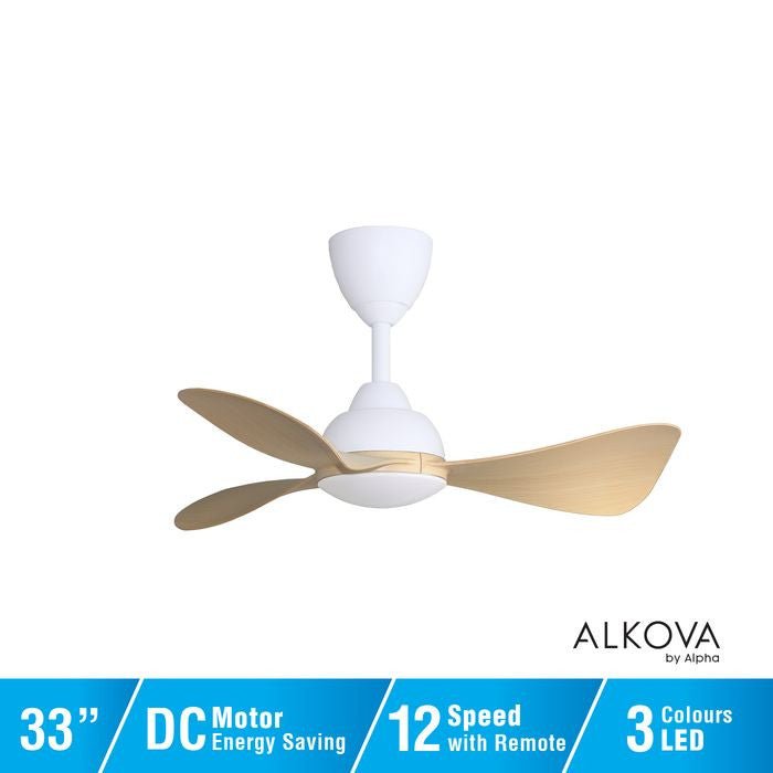 Alkova MILI 3B/33 LED MAPLE MATT WHITE Ceiling Fan 3 Blades 33 Inch Motor DC LED Maple Matt White | TBM Online