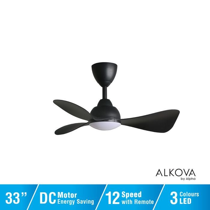 Alkova MILI 3B/33 LED MATT BLACK Ceiling Fan 3 Blades 33 Inch Motor DC LED Matt Black | TBM Online