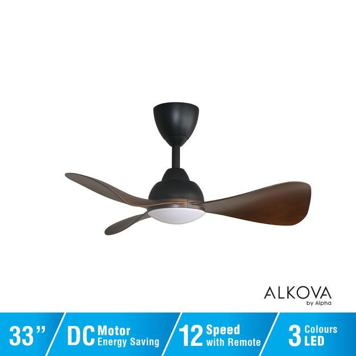 Alkova MILI 3B/33 LED WALNUT MATT BLACK Ceiling Fan 3 Blades 33 Inch Motor DC LED Walnut Matt Black | TBM Online