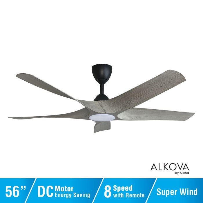 Alkova AXIS 5B/56 LED GREY WOOD/MB Ceiling Fan 56" 5 Blades LED Grey Wood Matt Black | TBM Online