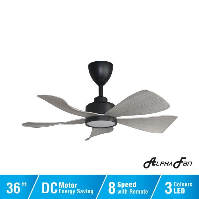 Alpha HANI 5B/36 LED GREY WOOD/MB Ceiling Fan 36" 5 Blades LED Grey Wood Matt Black | TBM Online