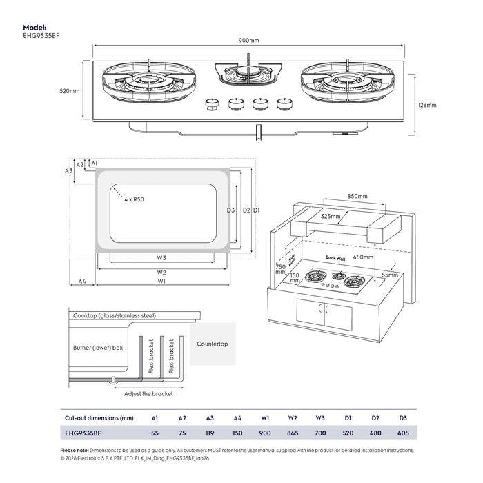 Electrolux EHG9335BF 3 Burners Built-In Gas Hob 90cm 500 Series