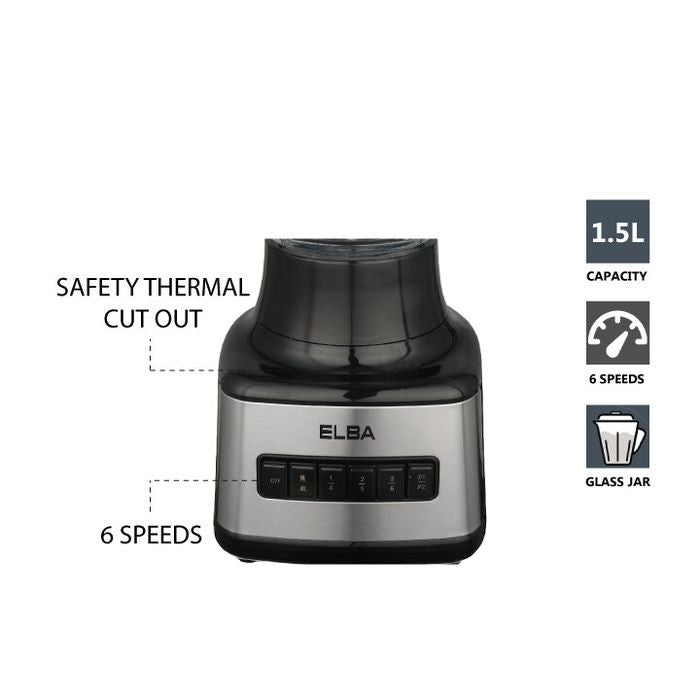 Elba EBG - K1556G(BK) Glass Jar Blender 6 - Speed With Pulse Function, Grinder, Black | TBM Online