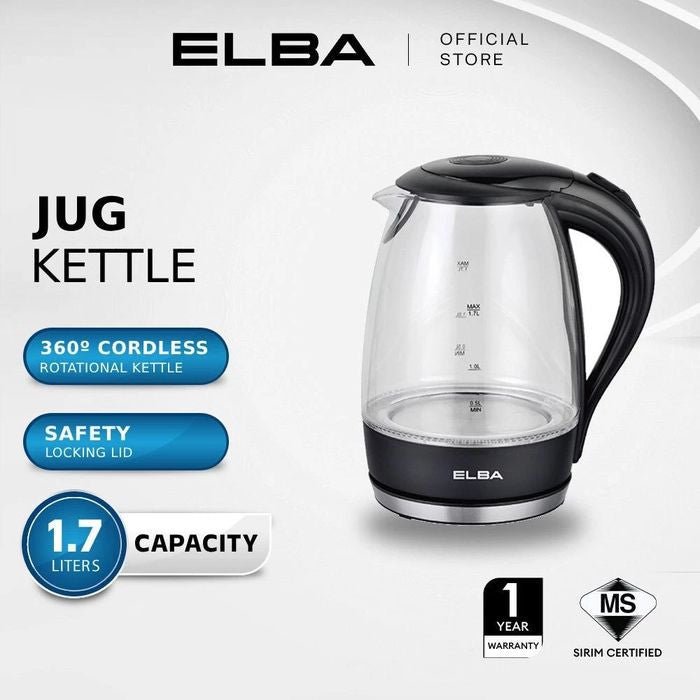 Elba EJK - F1723G(BK) Jug Kettle Glass Body With LED Light 1.7L | TBM Online