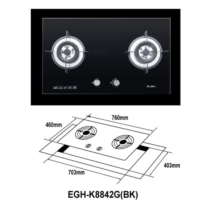 Elba EGH - K8842G(BK) Built - In Gas Hob Glass Stove 2 Burners 5.0KW | TBM Online