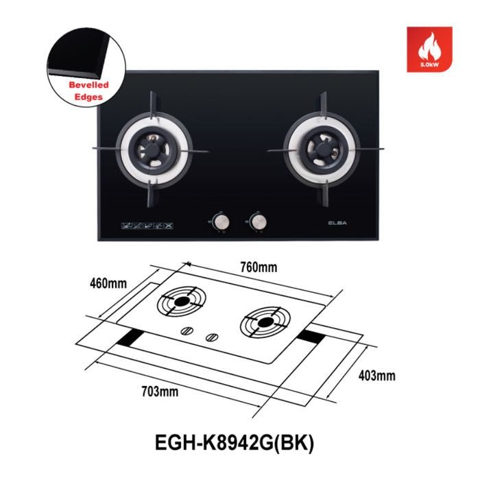 Elba EGH - K8942G(BK) Built - In Gas Hob Glass Stove With 2 Burners | TBM Online