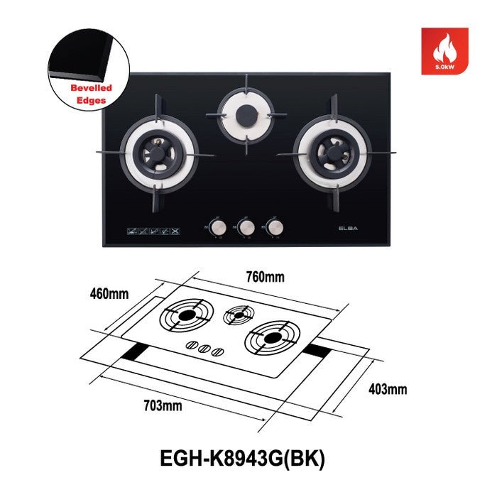 Elba EGH - K8943G(BK) Gas Hob 3 Burners Tempered Glass | TBM Online