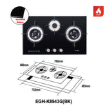 Elba EGH - K8943G(BK) Gas Hob 3 Burners Tempered Glass | TBM Online