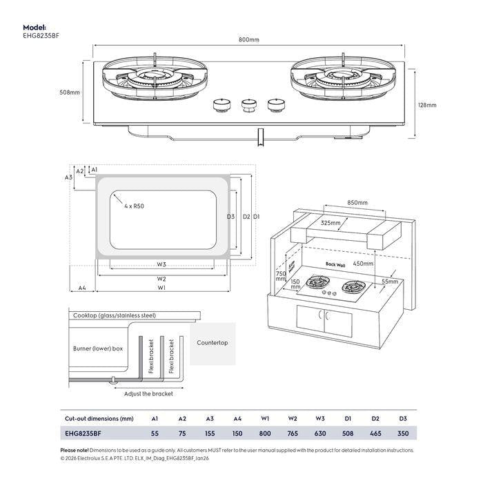 Electrolux EHG8235BF 2 Burners Built-In Gas Hob With 2 Cooking Zones 500 Series | TBM Online