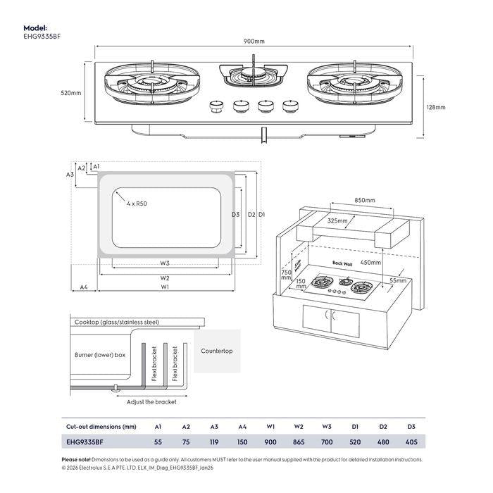 Electrolux EHG9335BF 3 Burners Built-In Gas Hob 90cm 500 Series | TBM Online