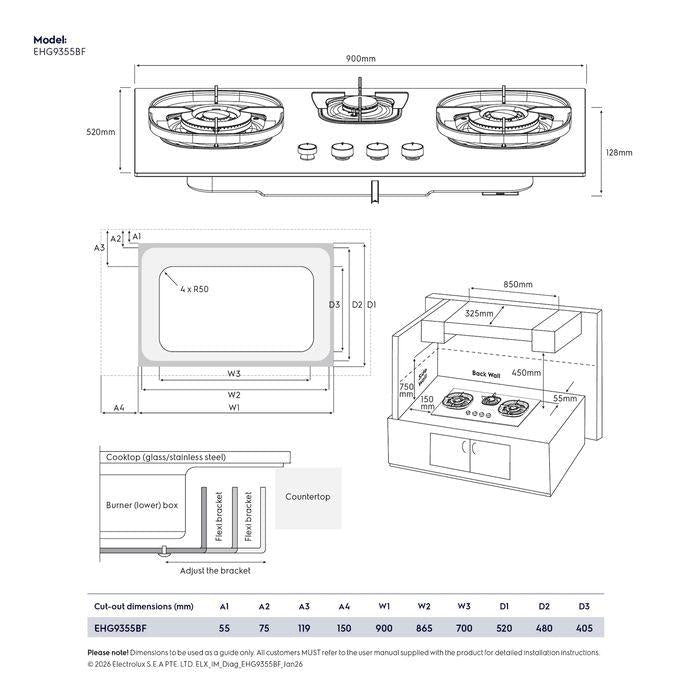 Electrolux EHG9355BF 90cm 500 Series Built-In Gas Hob With 3 Cooking Zones | TBM Online