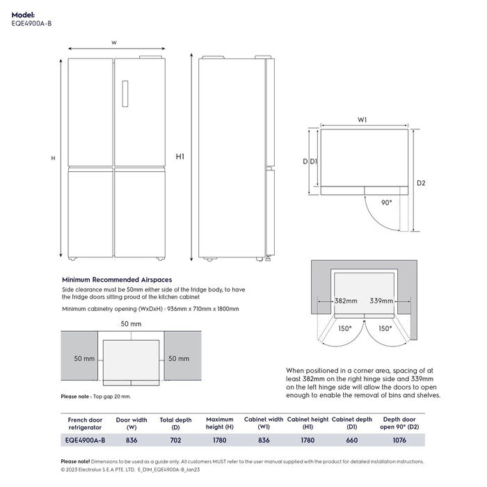 Electrolux EQE4900A-B 4 Doors Fridge French Door 496L Inverter Glossy Dark Steel | TBM Online
