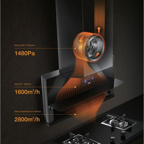 Fotile AMG9068 Chimney Hood 90cm Wide Black Tempered Glass Surface | TBM Online