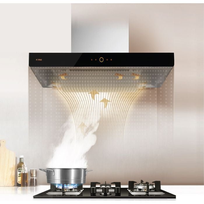 Fotile EMG9008 - CR Chimney Hood 90cm Wide Stainless Steel With Black Panel Surface Design | TBM Online