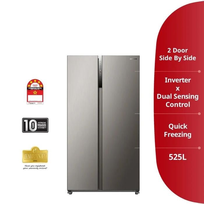 Hitachi HRSN9552DXMY Side - By - Side 2 Doors Fridge N525L Mirror Touch Controller Silver | TBM Online