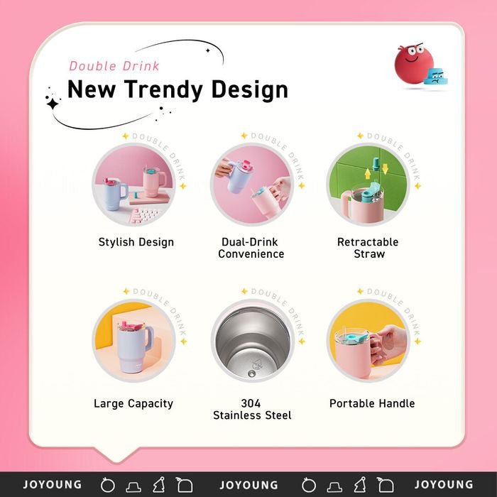 JoYoung JVC - 80V26(P) 304 Stainless Steel Straw Tumbler 800ml Pink | TBM Online
