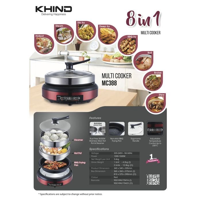 Khind MC388 Multi Cooker 1300 - 1500W Red | TBM Online