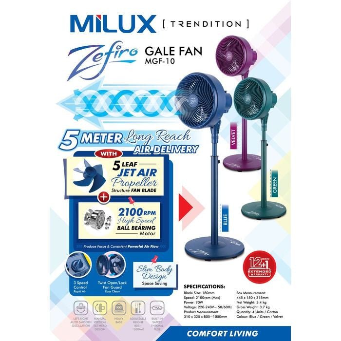 Milux MGF - 10 BLUE Stand Fan Gale 90W Blue | TBM Online