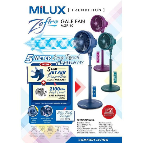 Milux MGF - 10 BLUE Stand Fan Gale 90W Blue | TBM Online