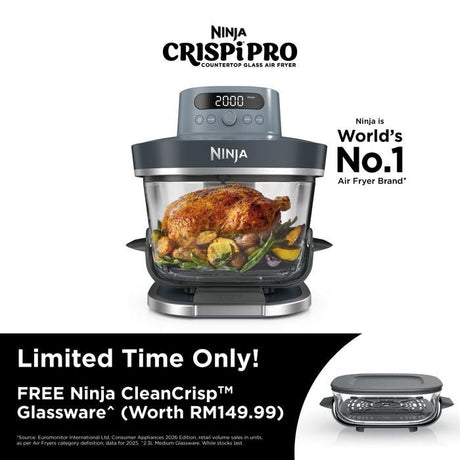 [NEW] Ninja AS101SMBL CRISPi Pro Glass Air Fryer PFAS FREE, Temperature Control - Cyberspace [Medium & XL Containers] | TBM Online