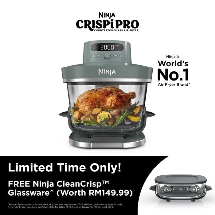 [NEW] Ninja AS101SMGY CRISPi Pro Glass Air Fryer PFAS FREE, Temperature Control - Ash Grey [Medium & XL Containers] | TBM Online