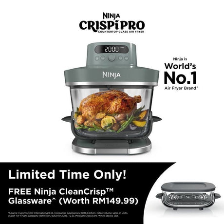 [NEW] Ninja AS101SMGY CRISPi Pro Glass Air Fryer PFAS FREE, Temperature Control - Ash Grey [Medium & XL Containers] | TBM Online