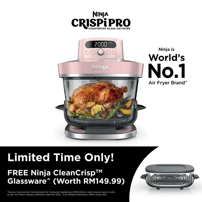 [NEW] Ninja AS101SMPK CRISPi Pro Glass Air Fryer PFAS FREE, Temperature Control - Rose Quartz [Medium & XL Containers] | TBM Online