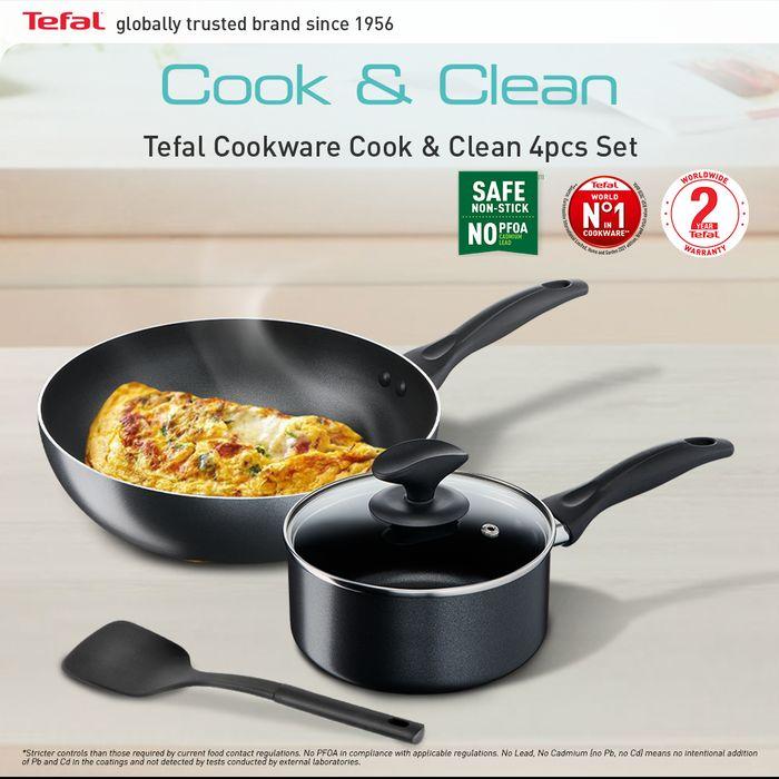 Tefal B225S405 Cook & Clean 4 pcs set (Wokpan 28cm + Saucepan 16cm + Lid 16cm + Spatula) | TBM Online