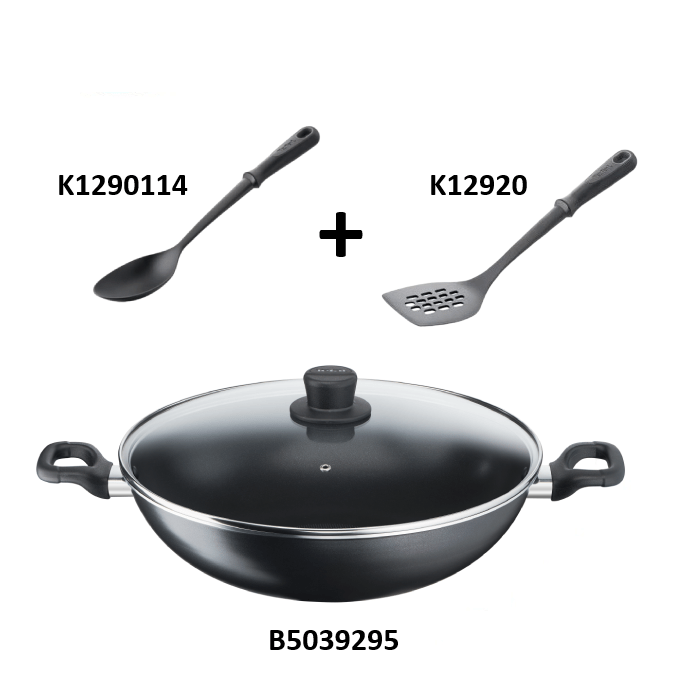 Tefal Cookware Bundle B5039295+K1290114+K12920 (Cook Easy Wok With Lid 36cm + Spoon + Slotted Turner Bundle) | TBM Online