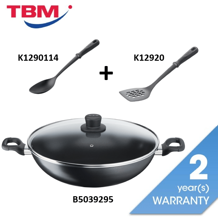 Tefal Cookware Bundle B5039295+K1290114+K12920 (Cook Easy Wok With Lid 36cm + Spoon + Slotted Turner Bundle) | TBM Online