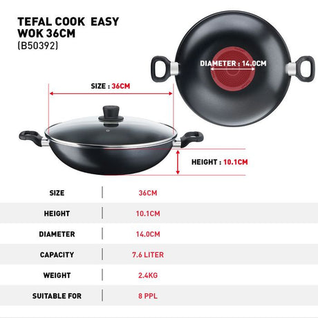 Tefal Cookware Bundle B5039295+K1290114+K12920 (Cook Easy Wok With Lid 36cm + Spoon + Slotted Turner Bundle) | TBM Online