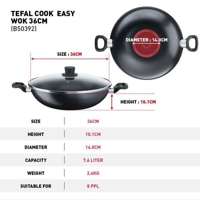 Tefal Cookware Bundle B5039295+K1290114+K12920 (Cook Easy Wok With Lid 36cm + Spoon + Slotted Turner Bundle) | TBM Online