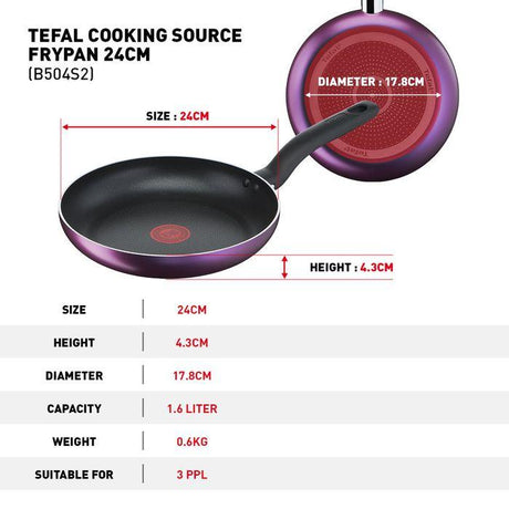 Tefal B504S295 Cooking Source 3 pcs Set (Frypan 24cm + Saucepan 18cm + Lid 18cm) | TBM Online