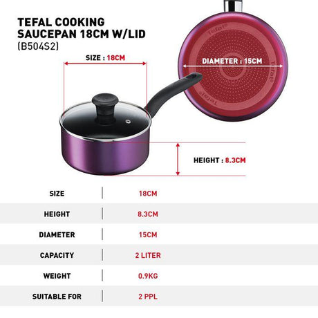 Tefal B504S295 Cooking Source 3 pcs Set (Frypan 24cm + Saucepan 18cm + Lid 18cm) | TBM Online