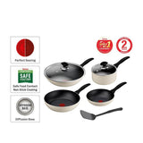 Tefal B978S795 Quickchef Gourment 7 pcs Lacquer Beige (Frypan 20cm + Frypan 28cm + Saucepan 18cm with Lid + Wokpan 28cm with Lid + Spatula) | TBM Online