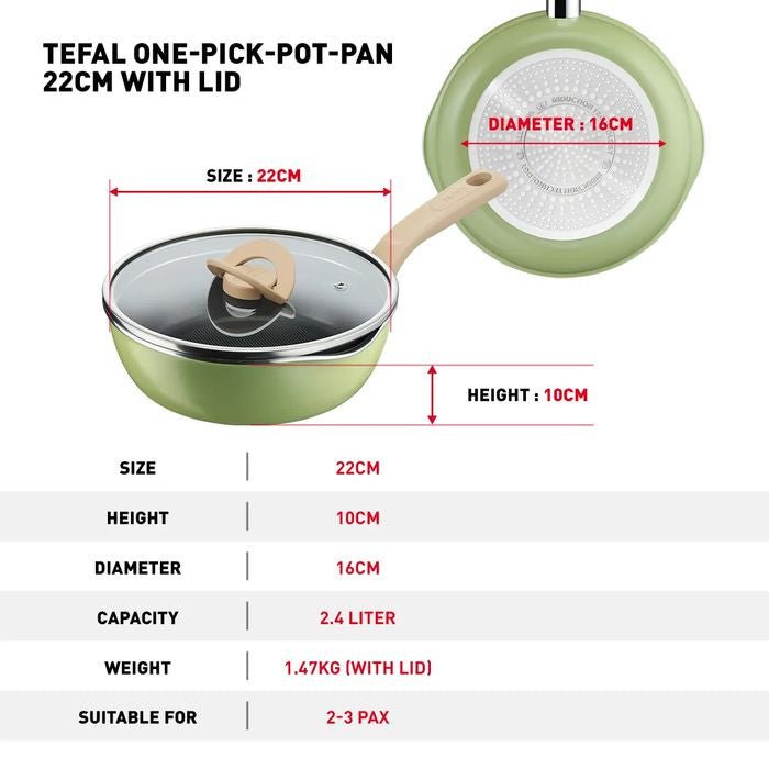 Tefal G16525 One - Pick - Pot - Pan 22cm Green | TBM Online