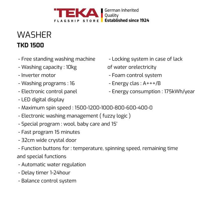 Teka TKD 1500 Free Standing Front Load Washer 10kg | TBM Online