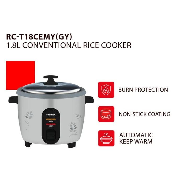 Toshiba RC - T18CEMY(GY) Conventional Rice Cooker 1.8L Grey | TBM Online