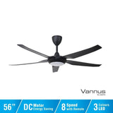 Vannus IRIZ 5B/56 LED MATT BLACK Ceiling Fan 5 Blades 56 Inch LED Motor DC Matt Black | TBM Online