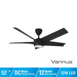 Vannus PRISTI 5B/52 LED MATT BLACK 5 Blades 52 Inch LED DC Motor Matt Black | TBM Online