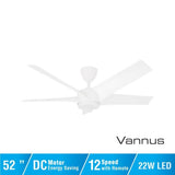 Vannus PRISTI 5B/52 LED MATT WHITE 5 Blades 52 Inch LED DC Motor Matt White | TBM Online