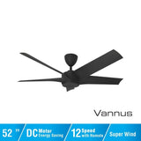 Vannus PRISTI 5B/52 MATT BLACK 5 Blades 52 Inch DC Motor Matt Black | TBM Online