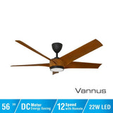 Vannus PRISTI 5B/56 LED WALNUT/MB 5 Blades 56 Inch LED DC Motor Walnut Matt Black | TBM Online